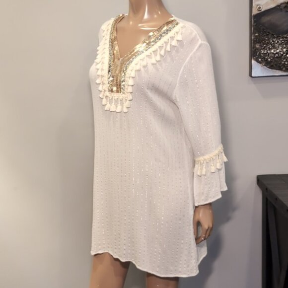 CIAO MILANO Boho Tassel Tunic Shift Dress Flare Sleeve Tassel Metallic Sequin - Picture 8 of 16